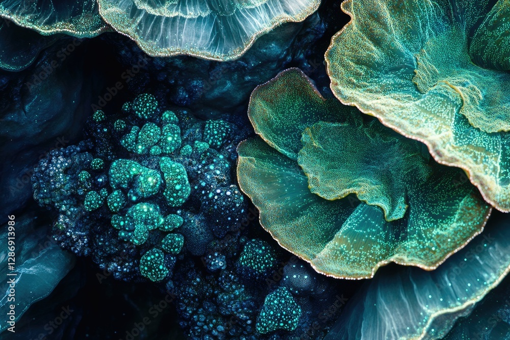 Aufkleber abstract underwater scene with bioluminescent coral formations and textured surfaces in teal and gre