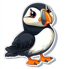 Obraz premium Adorable cartoon puffin illustration, perfect for kids' books, websites, or stickers. Features bright colors and a cheerful expression.