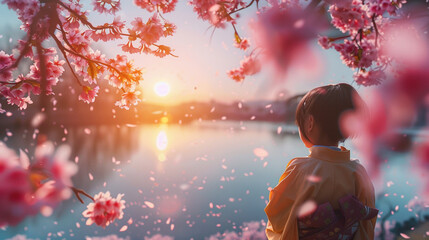 A young child in a kimono gazes at a serene lake, surrounded by vibrant cherry blossoms at sunset