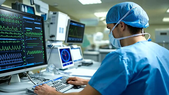 A medical researcher in a sterile lab environment, cross-referencing lab results with computer data, ensuring accuracy and efficiency in medical diagnostics