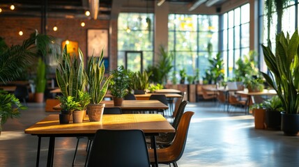 A coworking area with communal tables adorned with rows of potted snake plants and ferns, enhancing the mood 