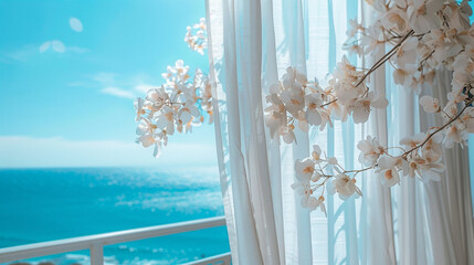 A sunlit coastal escape, where fresh blossoms and salty breezes intertwine in peaceful harmony
