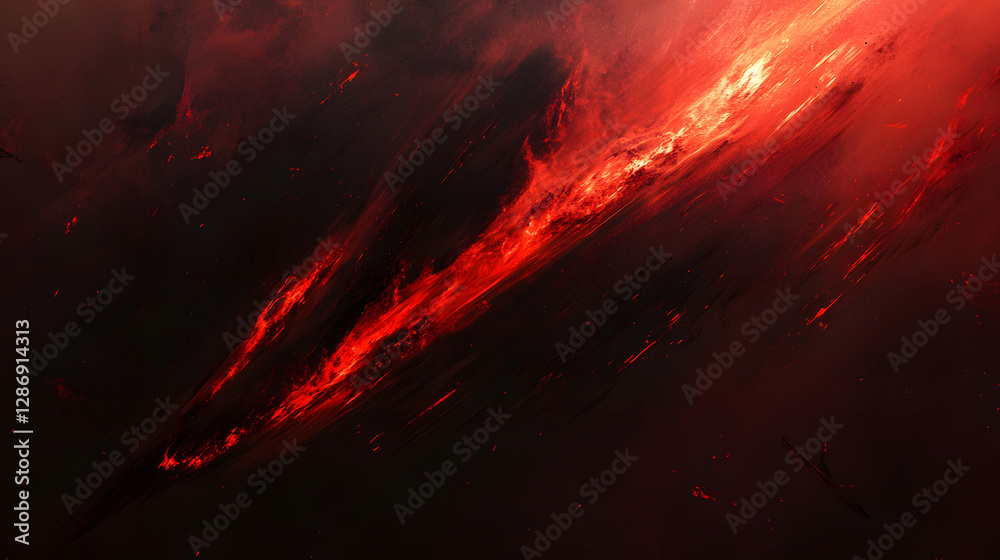 Poster abstract representation featuring a large red and black object on a matching background with dynamic