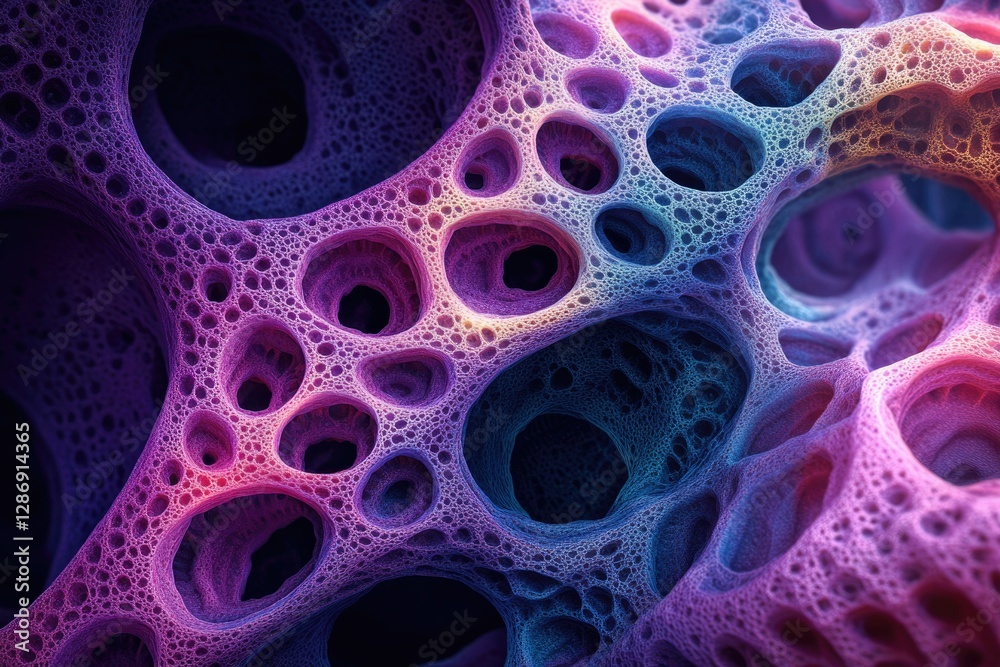 Aufkleber abstract 3d rendering of a porous, interconnected structure with vibrant purple and blue hues.