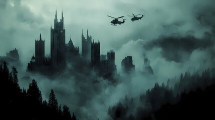 Dark, gothic cityscape with towering structures, fog, and helicopters. Steampunk Sky Fortress. Illustration