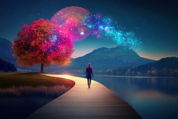 Fototapeta premium Explore the Mystical Serenity: Dreamlike Landscape Featuring Night Sky, Colorful Tree, and Cosmic Elements Reflected in Serene Waters.Mental Health & Self-Care Journey