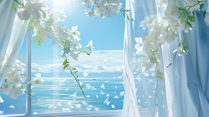 White drapes billow gently, revealing a breathtaking ocean horizon kissed by floating petals

