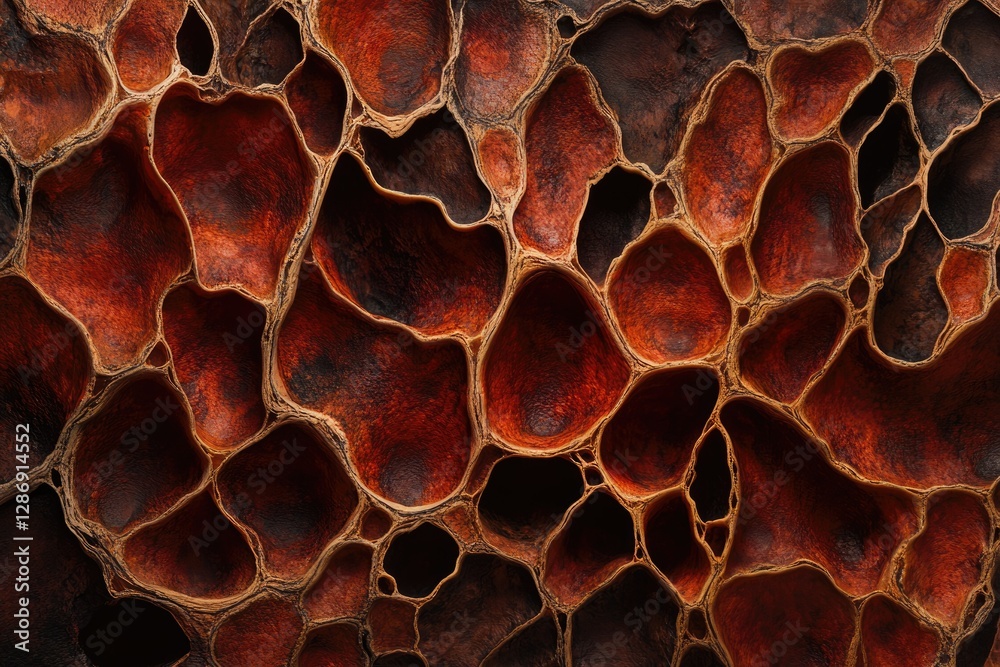 Poster Intricate network of reddish-brown, cave-like structures resembling honeycomb or coral.