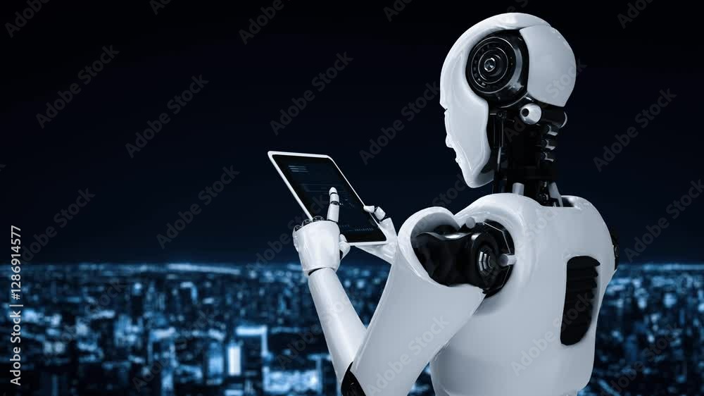 Poster robot hominoid using tablet computer for big data analytic using ai thinking brain , artificial inte
