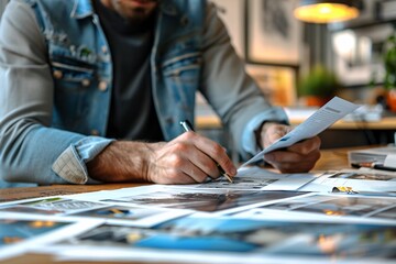 In a well-lit workspace, a person reviews printed photographs while making notes on a document. Various images are spread out on the table, showcasing moments of creativity