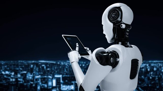 Robot hominoid using tablet computer for big data analytic using AI thinking brain , artificial intelligence and machine learning process for the 4th fourth industrial revolution . 3D rendering.