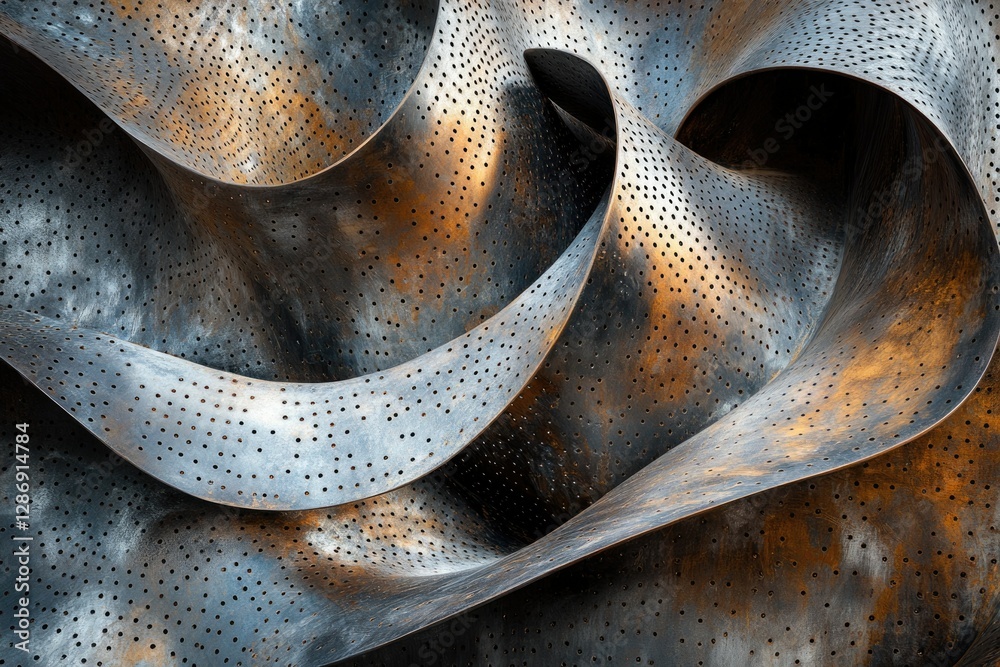 Fototapete Abstract metal sculpture with swirling, perforated sheets creating a dynamic, textured composition.
