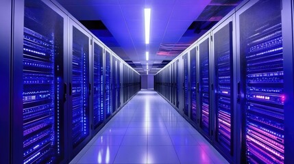 Fototapeta premium High-Tech Data Center Corridor Showcasing Advanced Rack Servers, Supercomputers, and Cloud Storage Innovations in a Futuristic Setting