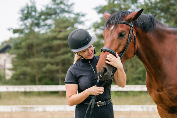 Obraz premium Woman with a black helmet stroking a beautiful chestnut horse head, close up shot. Human and animal relation concept.