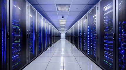 Fototapeta premium High-Tech Data Center Corridor Showcasing Advanced Rack Servers, Supercomputers, and Cloud Storage Innovations in a Futuristic Setting