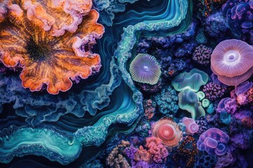 Obraz premium Vibrant coral reef teeming with life, showcasing diverse species and textures in a mesmerizing underwater scene.