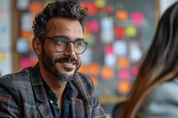 Fototapeta premium A man with curly hair and glasses smiles as he talks to a colleague in a lively office filled with colorful notes. The bright environment enhances the collaborative atmosphere