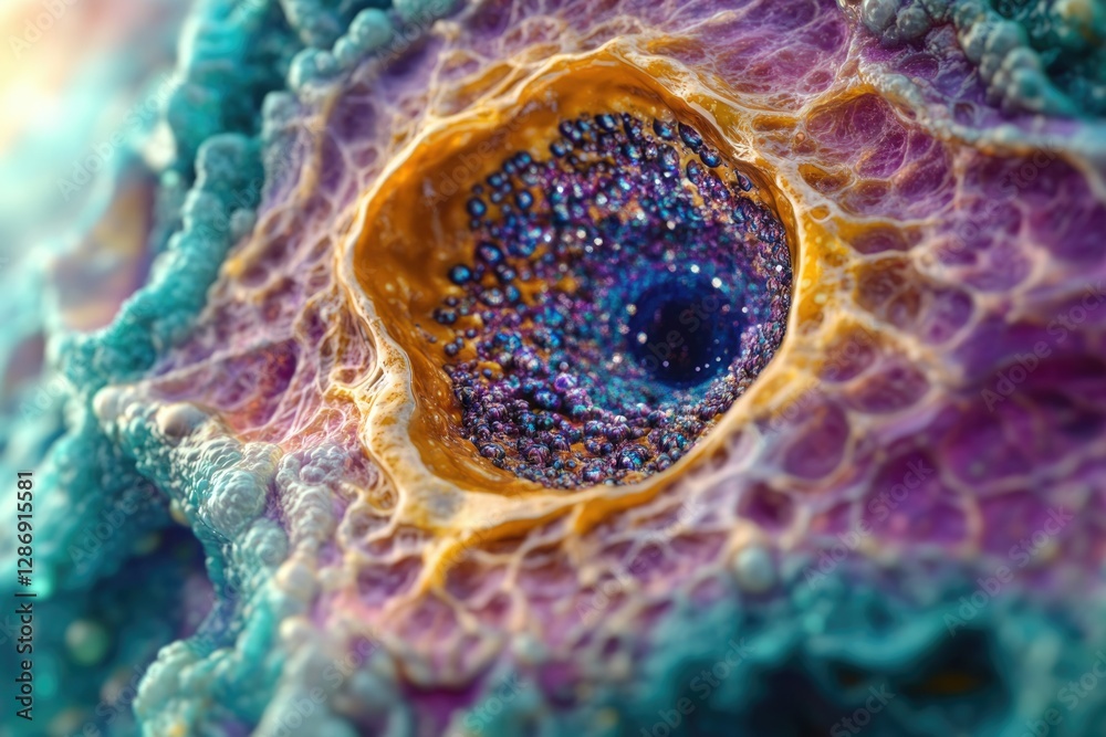 Poster microscopic view of vibrant, multicolored cellular structures with intricate details, resembling an 
