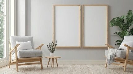Room with two white framed pictures on the wall and two wooden chairs. , Copy Space and Blank Frame