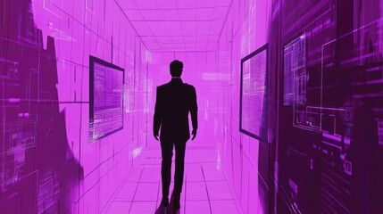 Silhouette of Man Walking in Futuristic Purple Tech Corridor with Screens