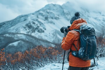A photographer wearing an orange jacket and backpack stands on a snowy trail, focusing on distant mountains shrouded in clouds while light snowfall adds a serene atmosphere to the scene