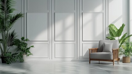 Fototapeta premium White room with a chair and a plant. , Copy Space and Blank Frame