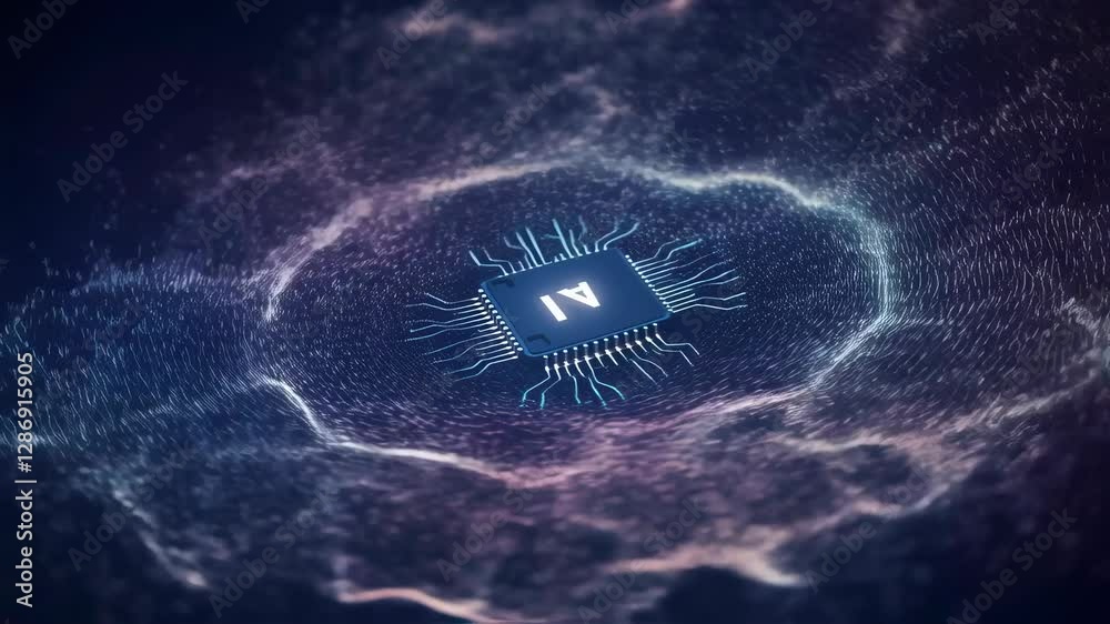 Poster Ai chip surrounded by glowing particles. Futuristic technology concept. Digital network visualization. Artificial intelligence and machine learning. Abstract background for tech innovation