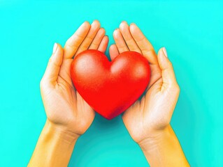 Fototapeta premium Heartfelt Family Insurance Concept with a Person Cradling a Red Heart on a Refreshing Aquamarine Background Symbolizing Care and Protection