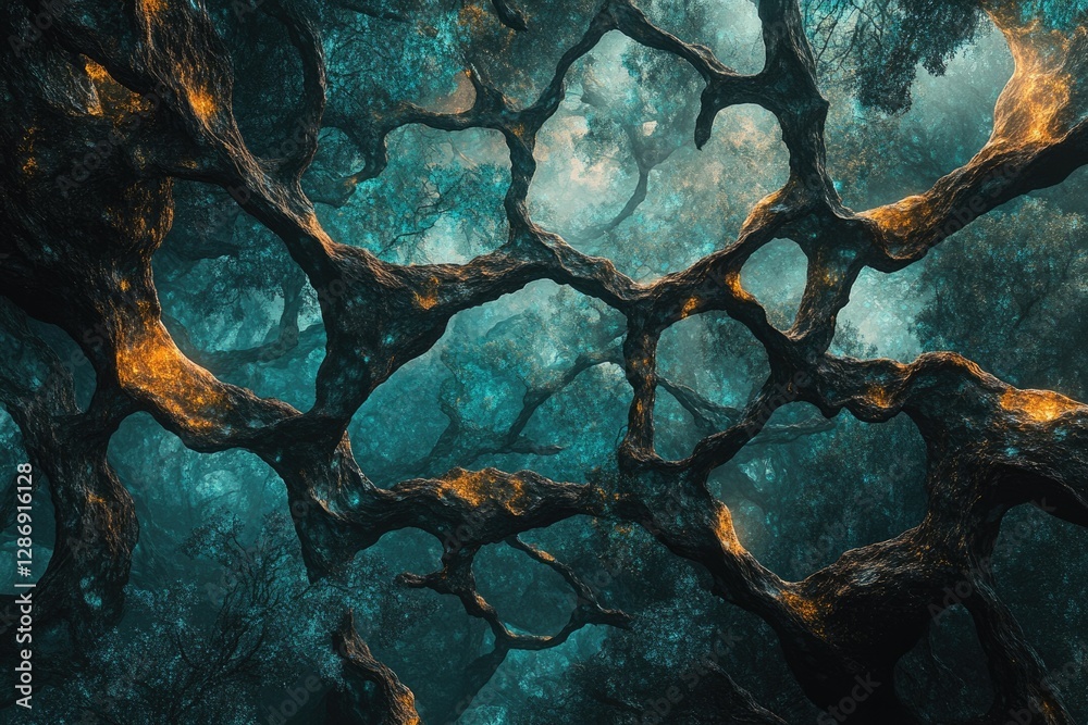 Poster intricate, glowing tree branches form a surreal, ethereal forest canopy.