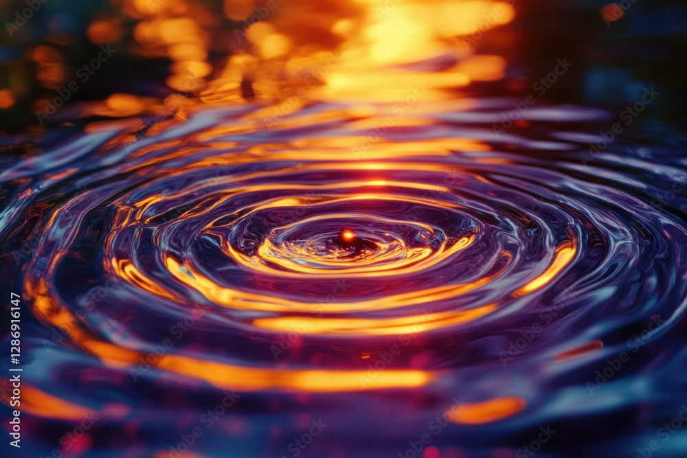 Poster vibrant concentric ripples on water surface illuminated by warm sunset hues, creating a mesmerizing 