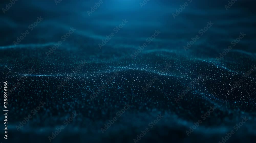 Poster dynamic blue particle wave animation. abstract digital data flow visualization. futuristic technolog