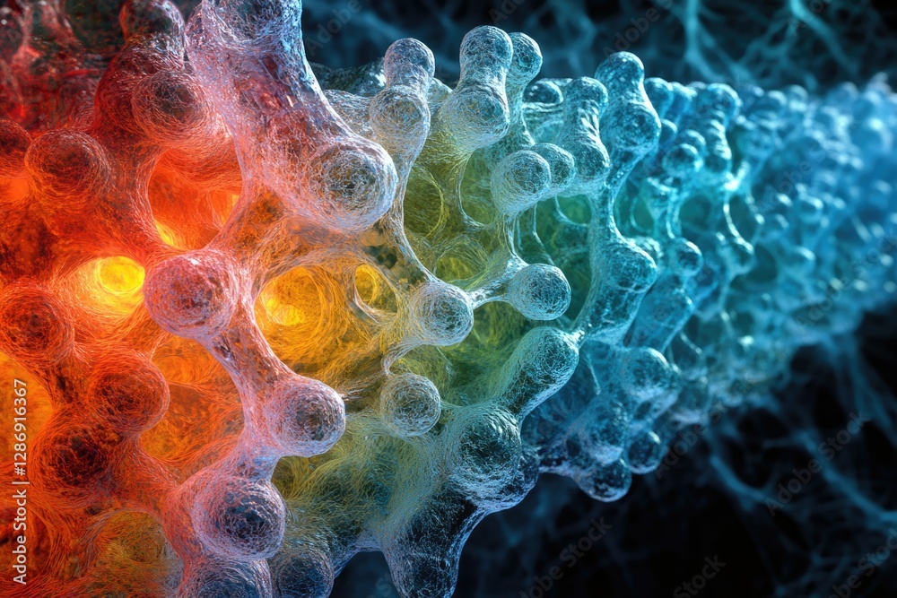 Poster Microscopic view of a complex interconnected network, possibly representing a cellular structure or a protein chain.