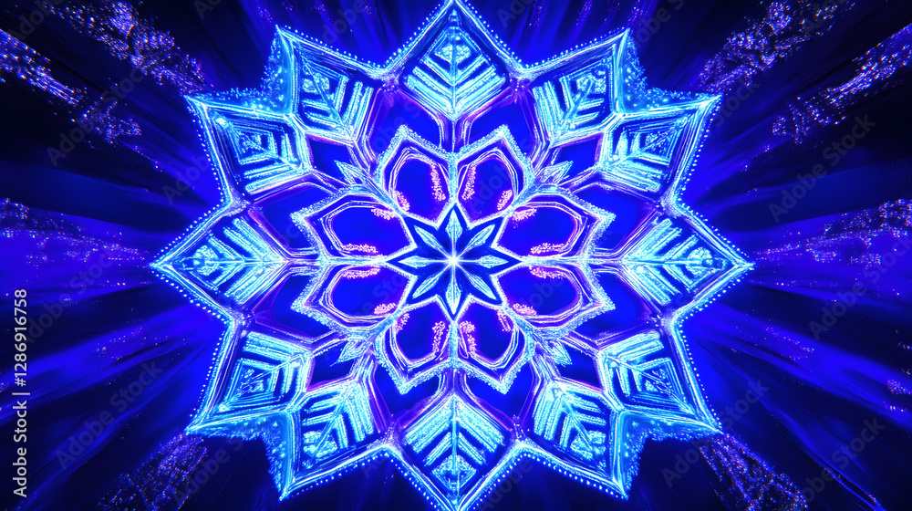 Poster intricate abstract rendering of a snowflake with blue and purple patterns on a white background