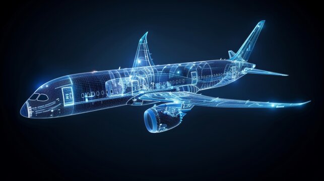 Futuristic airplane design  transparent x ray view revealing complex interior and structural details