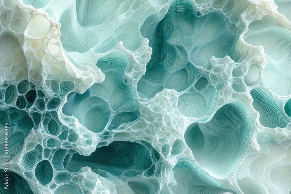 Poster Abstract image depicting a mesmerizing teal and white organic, cavernous structure resembling a complex network of interconnected bubbles or cells.