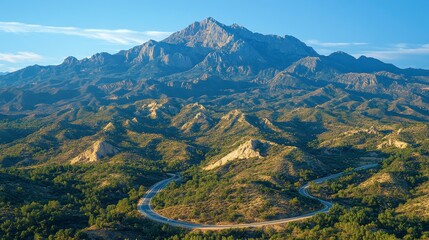 Naklejka premium The winding road leads to mountains and beautiful clear blue skies