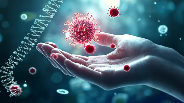 A glowing bacteria cluster hovering above a hand, surrounded by dynamic visuals of DNA helices, fruits, and molecular pathways, symbolizing personalized nutrition