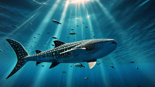 A majestic whale shark glides gracefully through the clear blue ocean waters under the serene sunlight, showcasing its distinctive patterns and size during a tranquil underwater scene