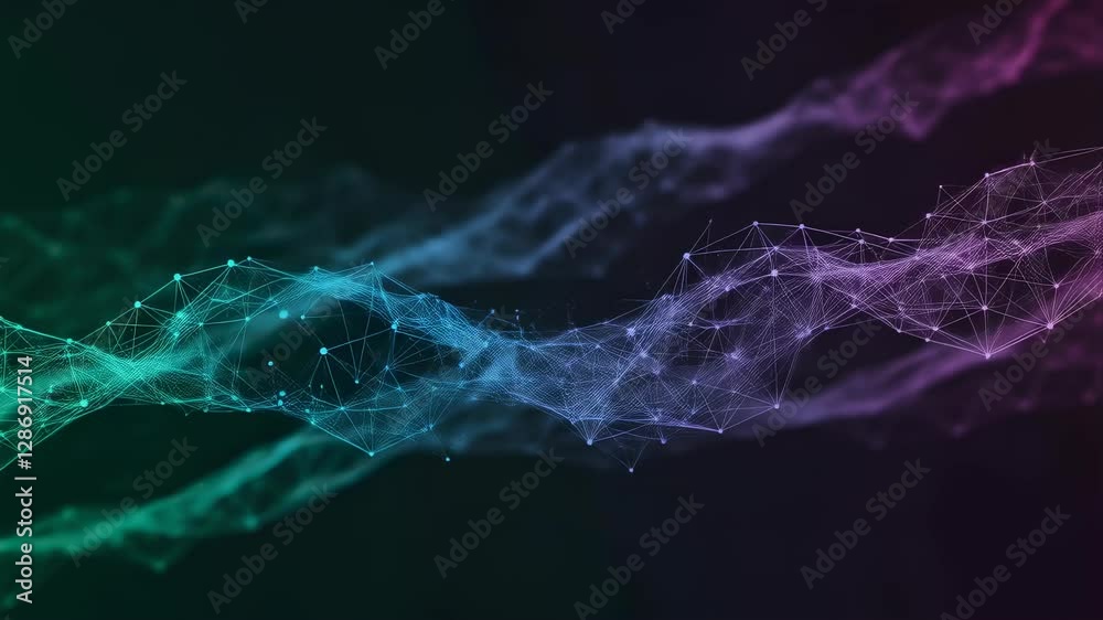 Poster Abstract network connections in motion. Digital data flow visualization. Futuristic technology concept. Dynamic mesh structure. Cyber security and artificial intelligence background