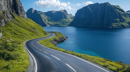 A scenic road curves along a mountainous coastline with a lake