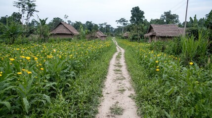 Naklejka premium Rural village path through yellow flower fields