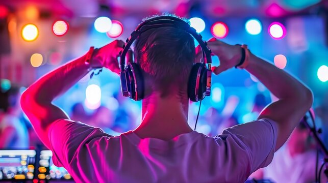 Energetic night concert  dj ignites dance floor with thrilling music in a packed club atmosphere