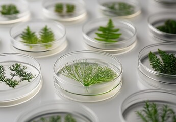 Green botanical specimens displayed in Petri dishes showcasing various types of leaves and ferns on a clear background for scientific study and exploration