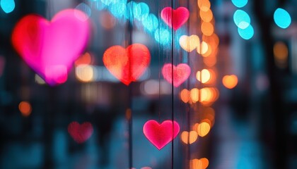 Illuminated Hearts Adorn Night Cityscape Background