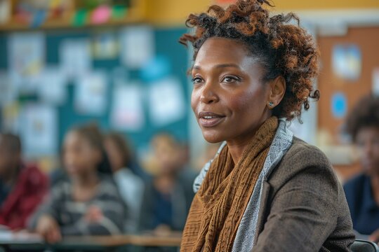 A teacher interacts with her students in a lively classroom, guiding a discussion and fostering learning. Colorful posters and student work decorate the background, creating an inspiring atmosphere