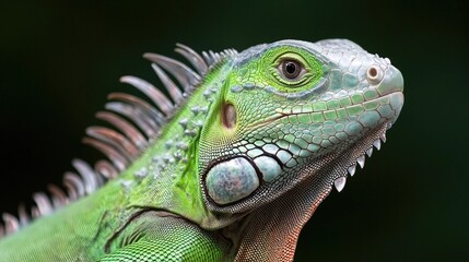 Obraz premium Close-up of Iguana head, detailed profile, nature background. Possible use Stock photo for educational or nature-focused publications