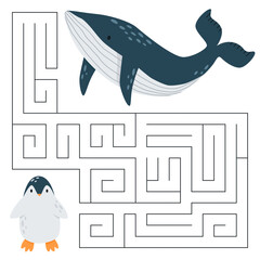 Animal maze game for kids. Cute whale looking for a way to the penguin. Printable worksheet with solution for school and preschool. 