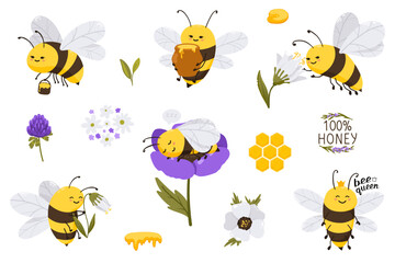 Cute honey bee character illustration set with flowers and lettering quote. Vector funny illustration collection for stickers, print, cards, posters, web site, banner, landing page.