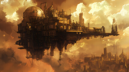 Fototapeta premium Fortress, castle, old town, construction, vintage background, products, enginer, generative, ai, steampunk, background. Steampunk Sky Fortress. Illustration