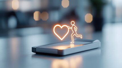 A glowing neon figure of a person running next to a heart symbol displayed on a smartphone screen, suggesting